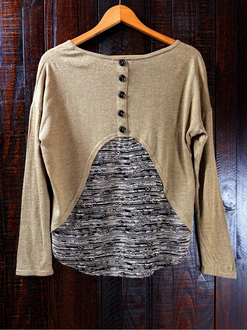 YA Los Angeles Women's Long-Sleeve Layered Top Tan with Patterned Back